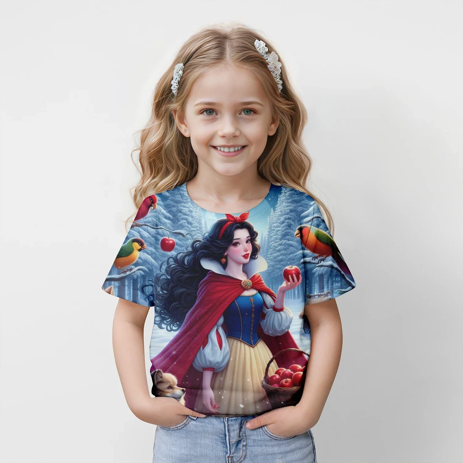 Desenhos animados brancos de neve das crianças 3D impressão t-shirt, tops infantis, casual manga curta roupas, meninas esportes streetwear, verão Tees, novo