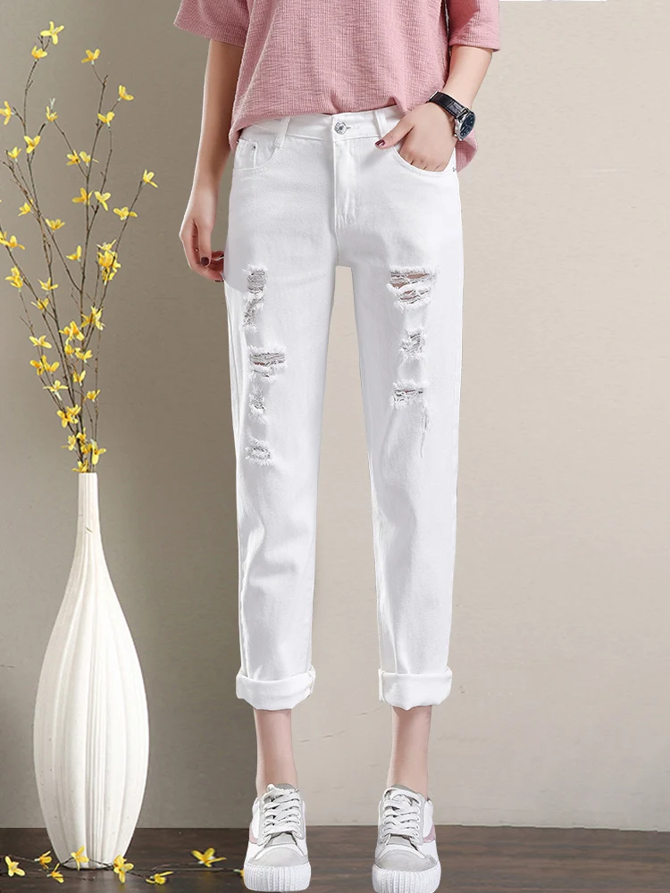 

Белые свободные женские джинсы с высокой талией, новинка 2025, весна-осень, дизайн с дырками, утягивающий шаровары, прямые брюки, хлопковая джинсовая ткань