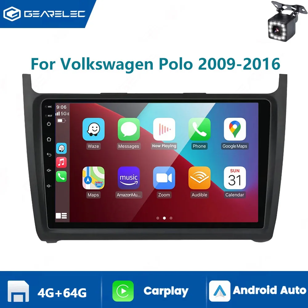 Gearelec Autoradio für Volkswagen VW Polo 2009-2016 Carplay Android Auto FM RDS DSP BT GPS Navi SWC HD IPS Touchscreen WLAN Auto-Stereoanlage 9" Auto-Multimedia-Player