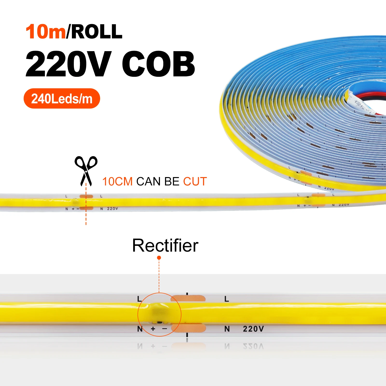 220 فولت COB LED قطاع ضوء RA90 السوبر مشرق 240 المصابيح/م شريط مرن حبل مصباح ليد IP20 الدافئة الطبيعية الباردة الأبيض 5 متر 10 متر 50 متر/لفة