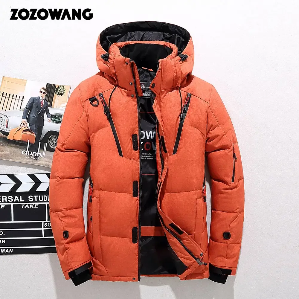 Chaqueta de plumón de pato ZOZOWANG para hombre gruesa con capucha de manga larga azul con cremallera chaqueta de bolsillo de invierno con pluma