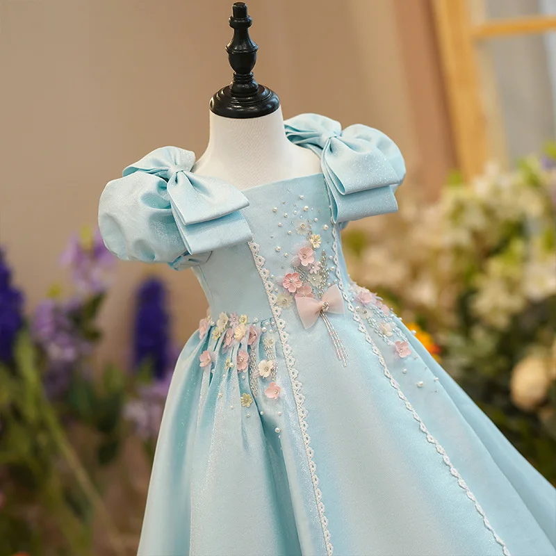 Vestido elegante de flores Para niña, vestido con cuello cuadrado, diseño de lazo grande, cremallera trasera, Para fiesta de boda