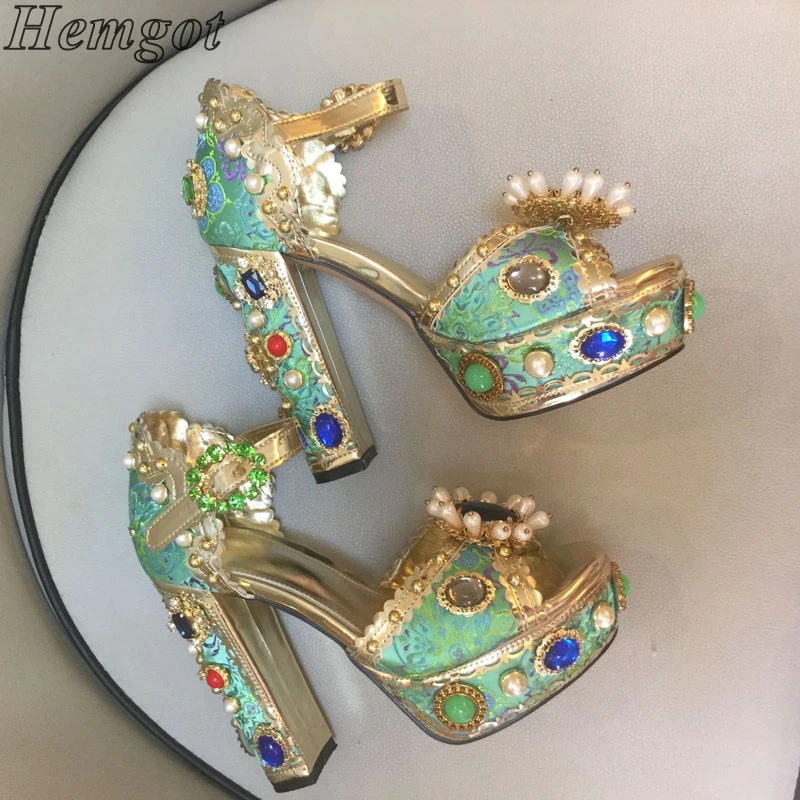 2022 Season New 14CM Super High Heel Platform Pearl Rhinestone Chunky Heel Sandals Ladies Retro Baroque Women's High Heels