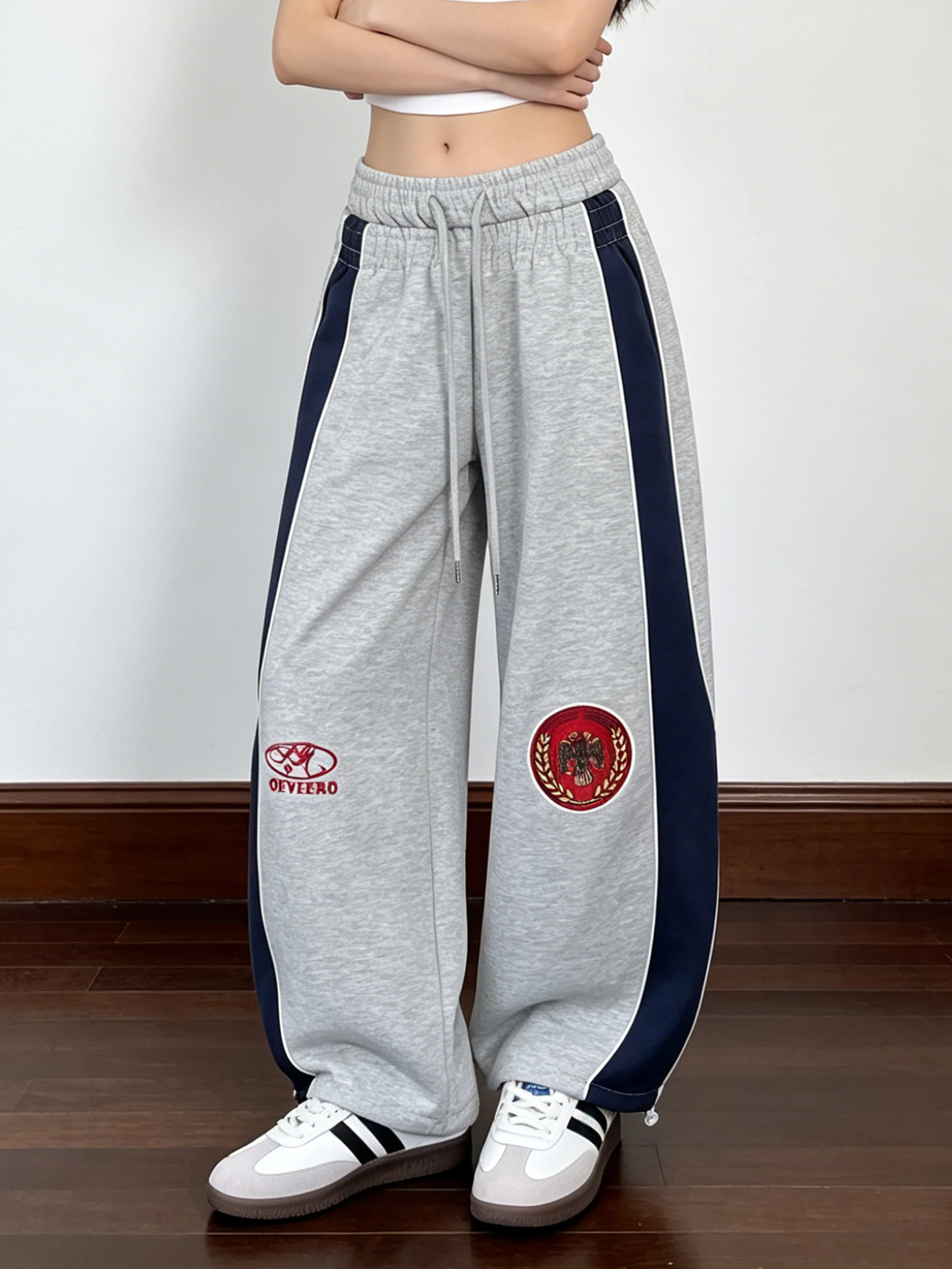 American Style Spicy Girl College Style Sweatpants Women's Color Block Embroidery Loose Wide Leg Drawstring Sports Trousers