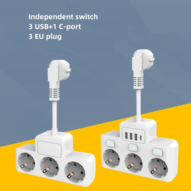 Adaptor Strip daya untuk Europlug 4 keluaran USB soket listrik dengan kabel ekstensi pelindung lonjakan adaptor steker rumah