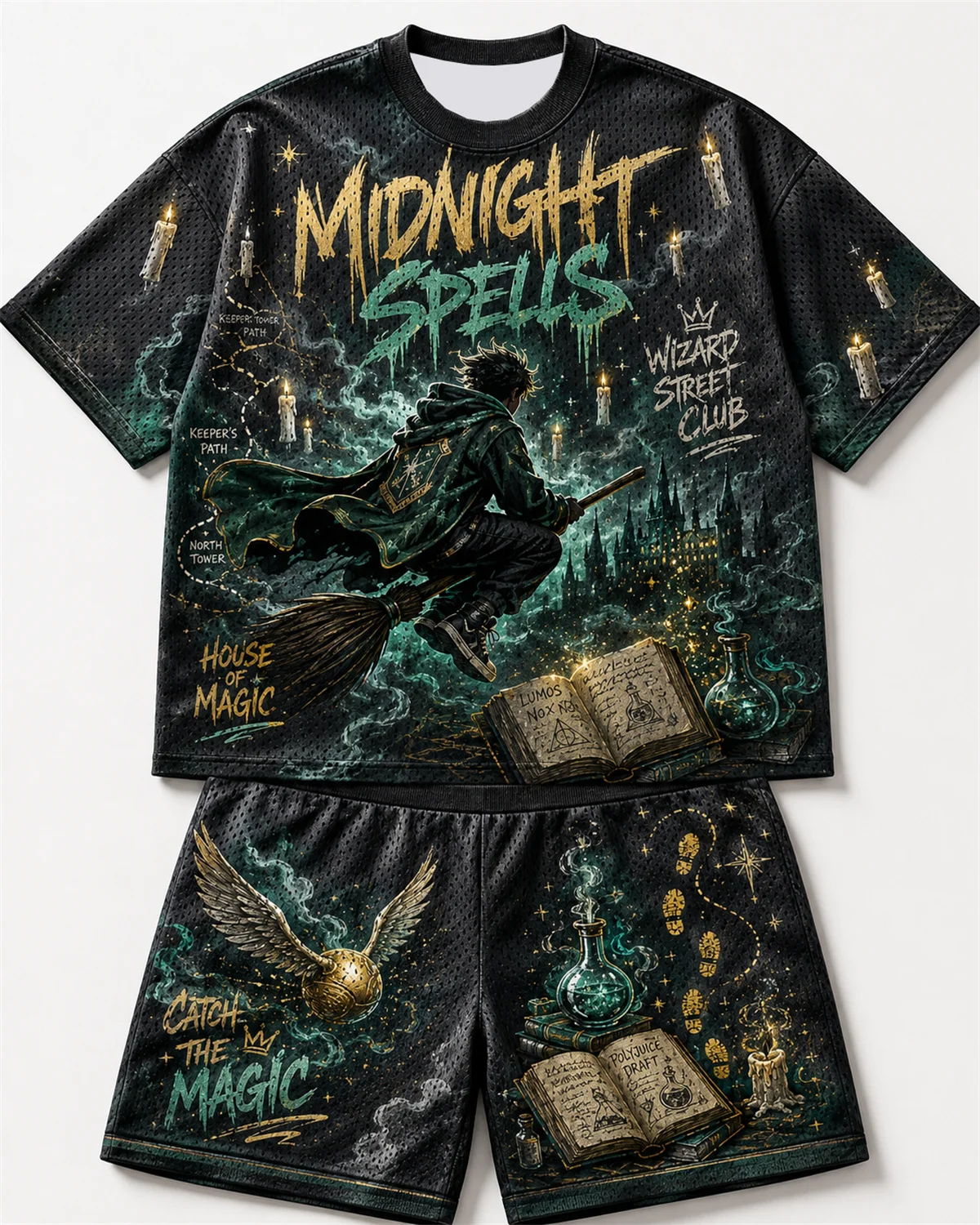 Midnight Spells Wizard Magic Print Mesh T-shirt Shorts Set Men Women Dark Green Hogwarts Themed Quick Dry 2Pcs Streetwear Outfit