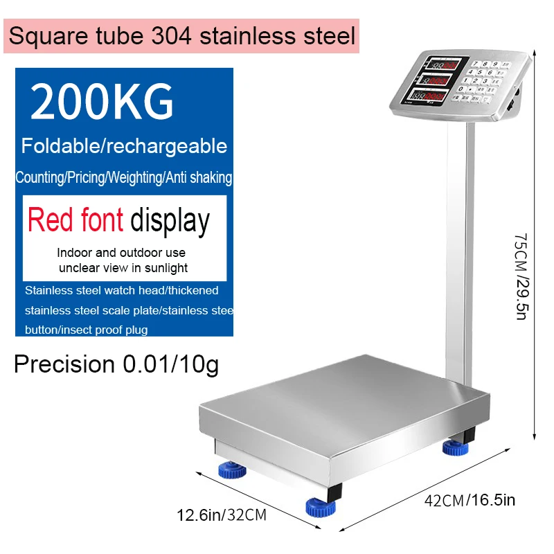 200kg Commercial Weighing Scale 32X42cm Bench Ccale Electronic Scale Folding Scale Stainless Steel Material Waterproof