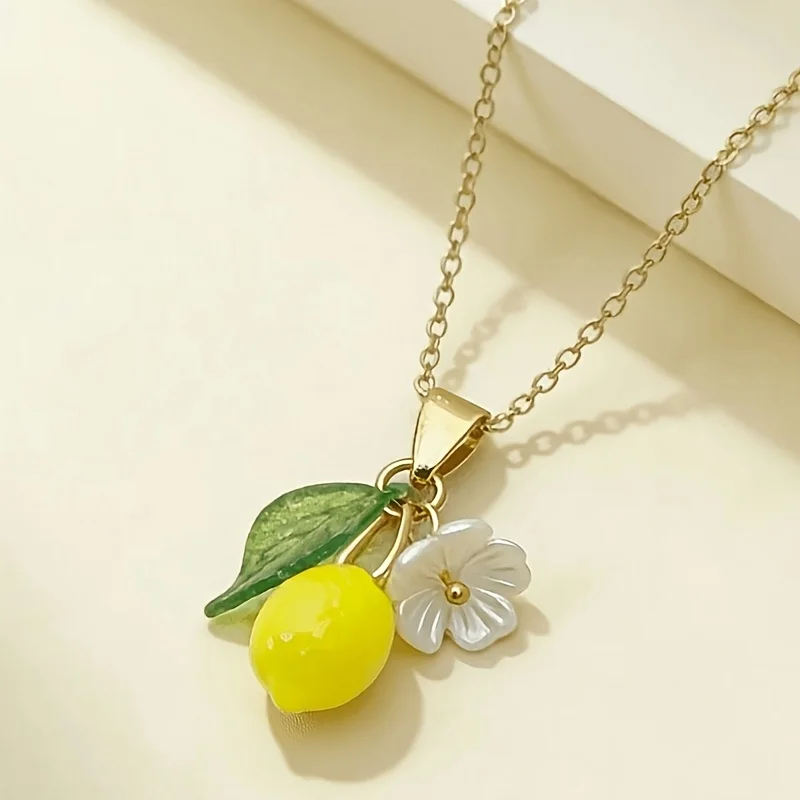 1Pc Fresh Cute Lemon Flower Resin Pendant Necklace Sweet Jewelry Gift For Women Daily Wear Fashion Accessories - view 3