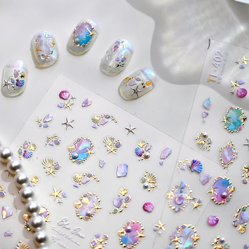 Estrella de mar de verano estampada en oro, concha de ensueño, perla polarizada, pegatinas 3D para decoración de uñas, medusas, Concha, Coral, mar de verano, calcomanías para manicura