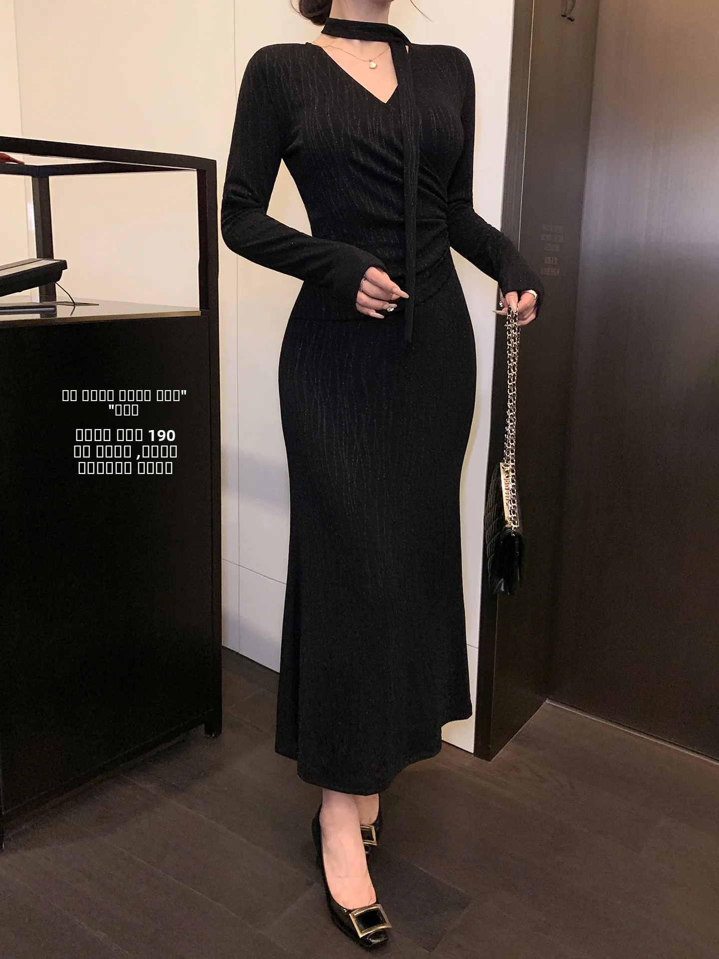 

Lin Guan Bla iny Tead V-Ne Dr Autumn Winter Waist-Cinching Bodycon Fi Tail Skirt Sli Mature Sle Knitted Dr
