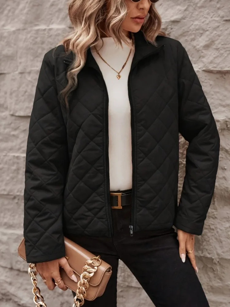 

Yeezzi женские осенне-зимние теплые пальто с воротником-стойкой на молнии, куртки с длинными рукавами, свободная легкая повседневная простая черная верхняя одежда