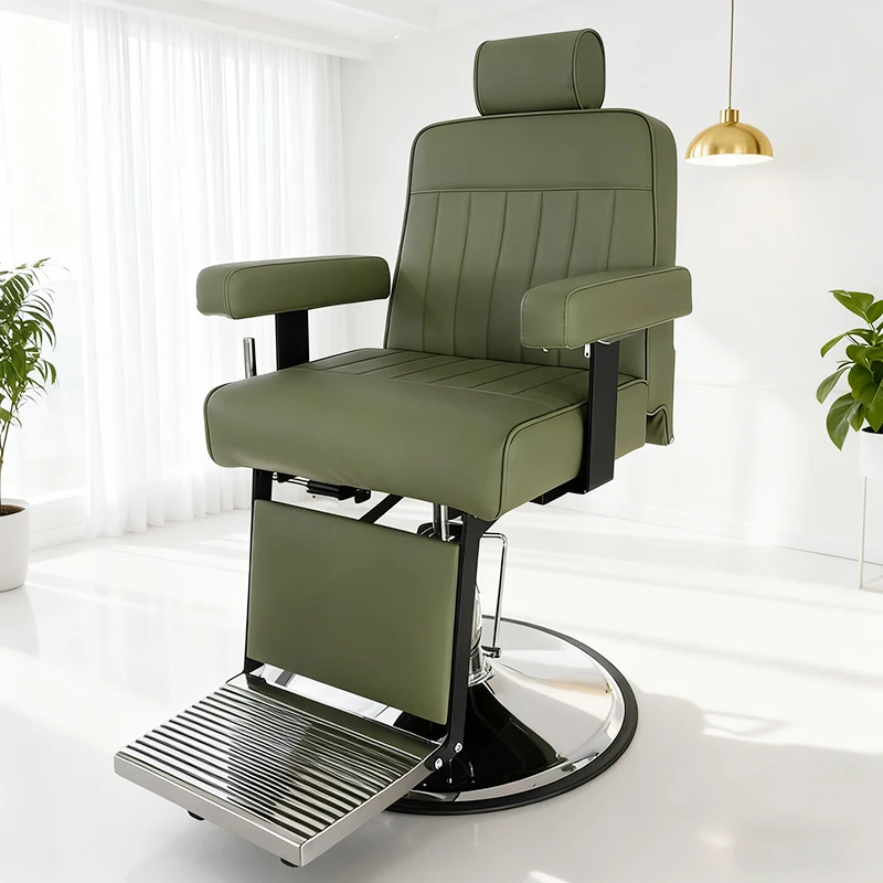 Barbershop Furniture Silver Round Base Green Leather Hairdressing Chair Luxury Modern Swivel Salon Shaving Barber Chair Decor