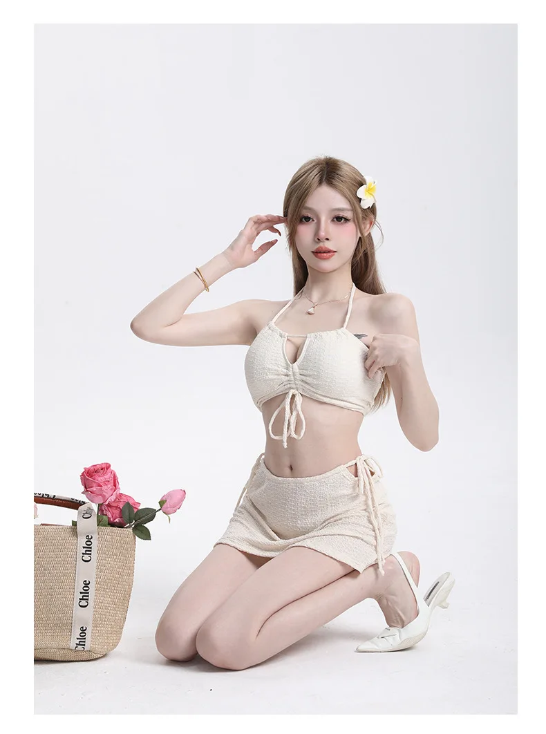 Three-Piece Swimsuit for Women, Sexy Bikini Set, Drawstring Tie Swimsuit with Mini Skirt, Hot Spring Beach Swimwear