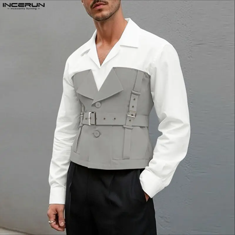INCERUN Men Shirt Patchwork Lapel Long Sleeve Button Men Clothing Streetwear Loose Color-block Cargo Shirts Men Fashion Camisas