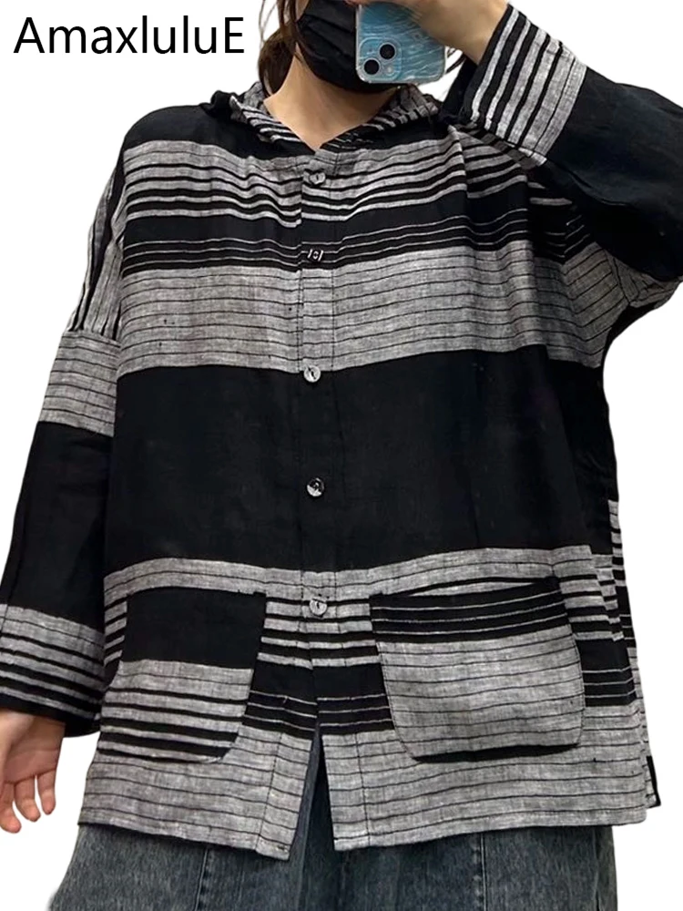 

Amax LuluE, весенние винтажные свободные топы с капюшоном, женские 2026, классические полосатые рубашки японского дизайна, женские модные блузки для отдыха