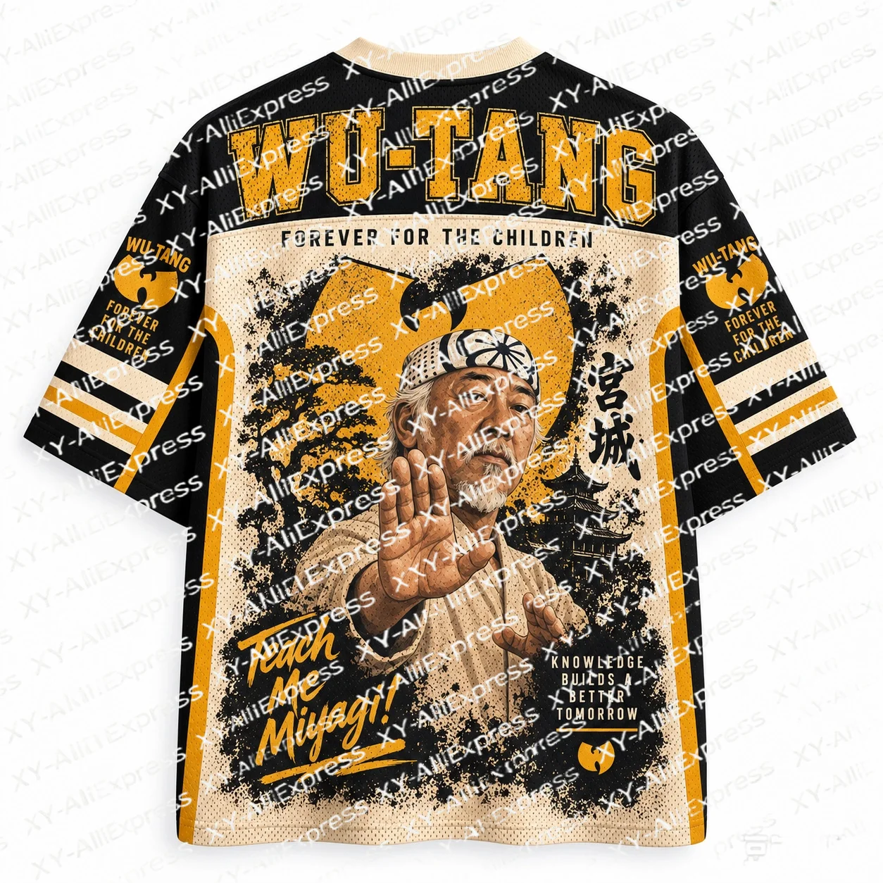 Worn Retro Hip-hop Poster Jersey. Antique Faded Base, Wise Warrior & Urban Symbols, Gritty Vintage Aged Print Texture.