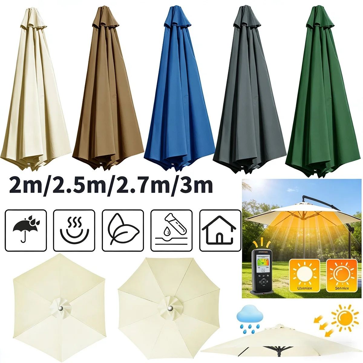 Tissu de rechange multi-tailles pour parasol d'extérieur (support à nervures non inclus) – Tissu de rechange pour parasol de jardin
