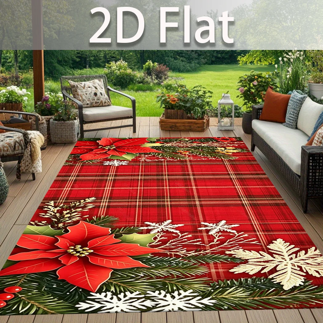 1pc 2D Flat Rectangular Christmas Rug, Red Plaid Floral Pattern, Non-Slip Velvet Mat for Living Room, Bedroom, Nightstand