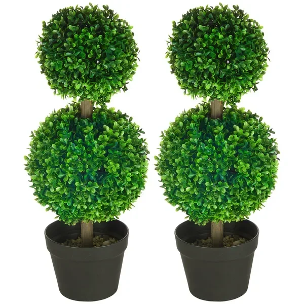 

2 Pcs Artificial Boxwood Ball Topiary Tree 23.5' with Double Ball-Shaped Leaves in Pot Green