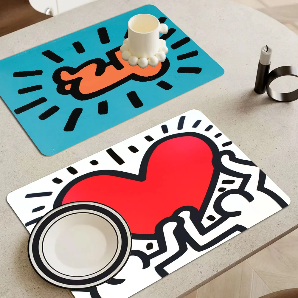 Keith-Haring-Works-Colorful-Print Absorbent Drain Mat Countertop Dry Mats Printed Coffee Machine Draining Pad Kitchen Tableware