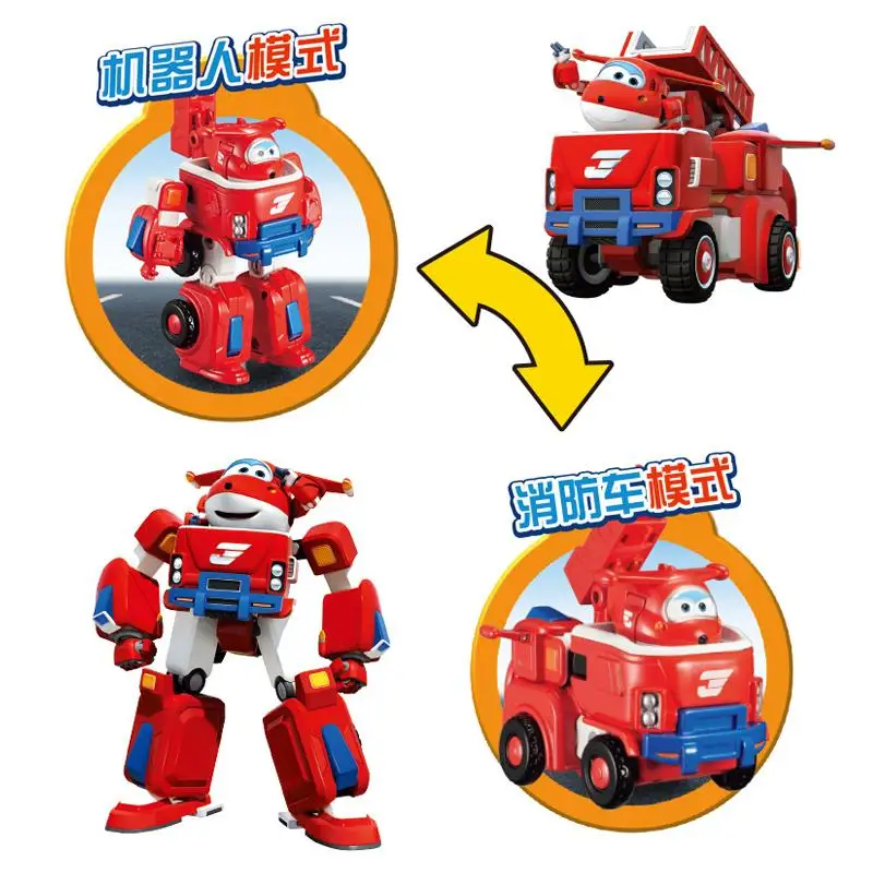 Auldey genuino Super Wings que transforma el robot versión Q combinado Mecha Set Jett camión de bomberos que transforma el juguete, regalo de vacaciones para niños