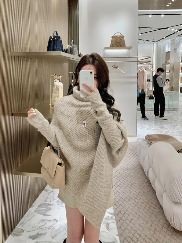 Korejepo Irregular Design Turtleneck Sweater Women Autumn Winter Loose Versatile Niche Lazy Wind Knitted Simplicity Sweaters