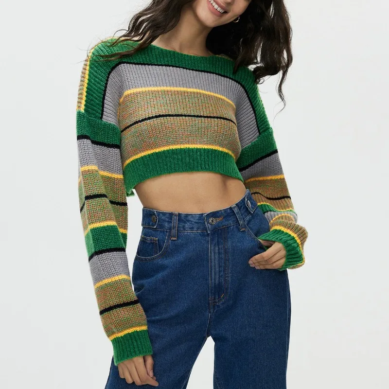 Women's Autumn Winter Pullover Sweater Short Knit Stripes Colorblocking Casual Design Vintage Niche Thin Simple Advanced Soft