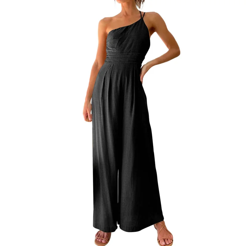 Office Jumpsuit Summer New Women Solid Color Straps One Cold Shoulder Overall Pleated High Waist Casual Wide Leg Jumpsuit Romper