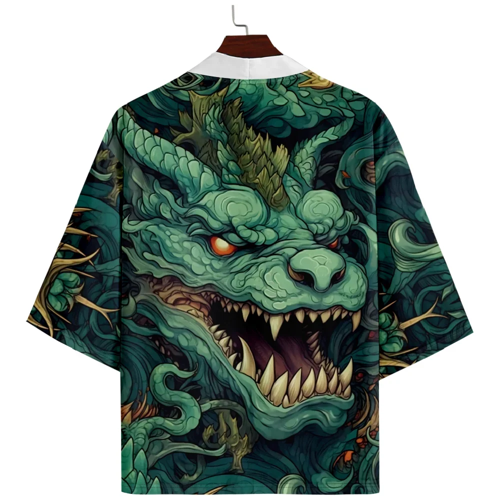 

Streetwear Green Cardigan Cosplay Haori Coat Vintage Ukiyo-e Dragon Print Traditional Japanese Kimono Men Women Beach Yukata