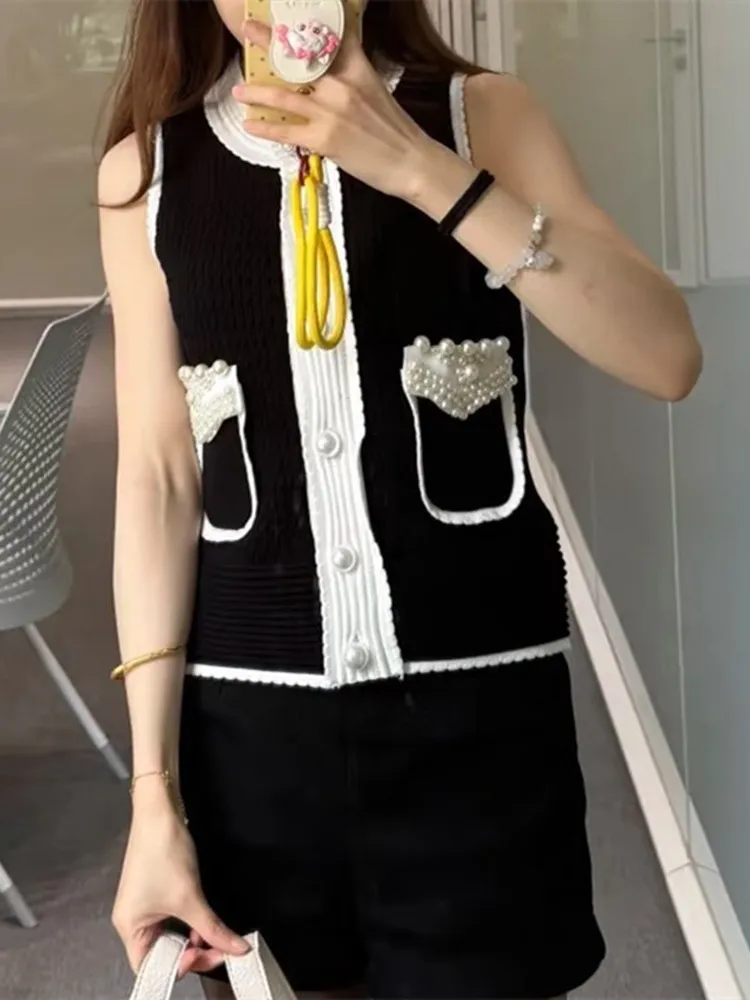 

Высококачественный европейский летний дизайн Hepburn Bla White Color Blo Вязаный круглый жилет Ne Svel Вязаный открытый кардиган