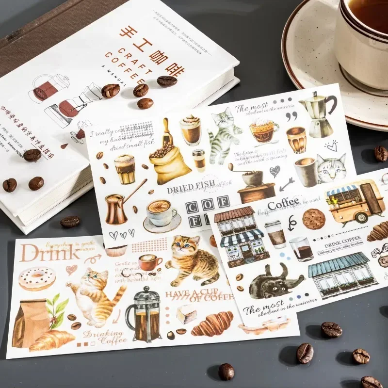 2Sheets Transfer stickers coffee drinking cat account materials Children Decor Supplies Package Scrapbooking 180*112mm