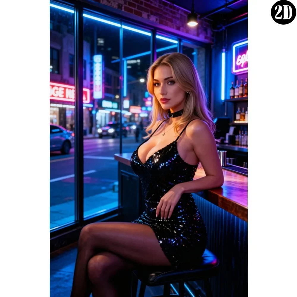 Metal Tin Sign, Blonde Lady Black Sequin Mini Dress Neon Night City Bar Window Vintage Wall Decor
