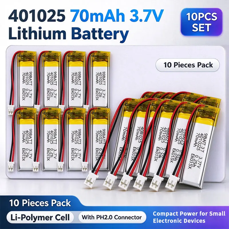 10 Pcs 401025 3.7V 70mAh Lipo Rechargeable Polymer Lithium Battery Backup for Bluetooth Headphones Writing Pens Selfie Sticks