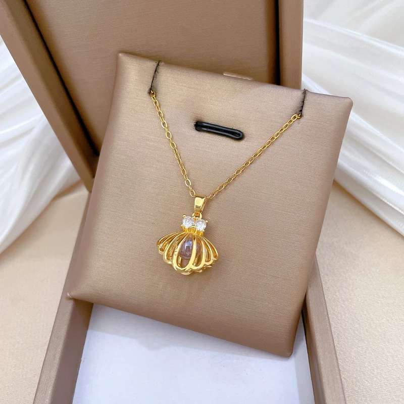 Korean Popular Stainless Steel Necklace Golden Shell Micro Set Zircon Pendant Clavicle Accessories For Women Gift Jewelry Bijoux