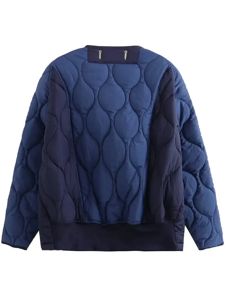 2025 Winter Women's Elegant Warm Loose Patchwork Navy Blue Parkas Coats Female Street Oversized O-neck Padded Thicken Jackets