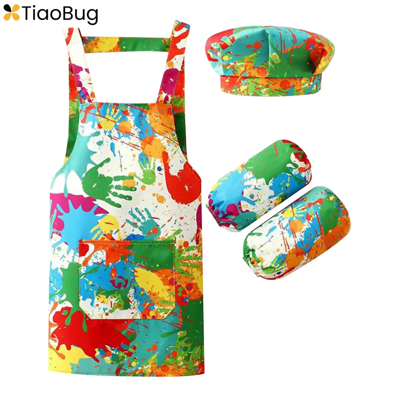 Kids Apron Waterproof Cooking Baking Drawing Artist Costume Accessories Cartoon Animals Pattern Bib Apron+Hat+Arm Sleeve Outfit