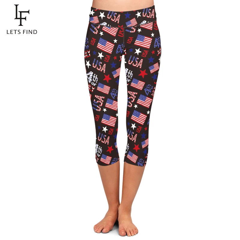 LETSFIND Fashion Women czarne legginsy Capri wydrukowana amerykańska flaga wysokiej talii elastyczne Fitness połowy łydki legginsy na co dzień