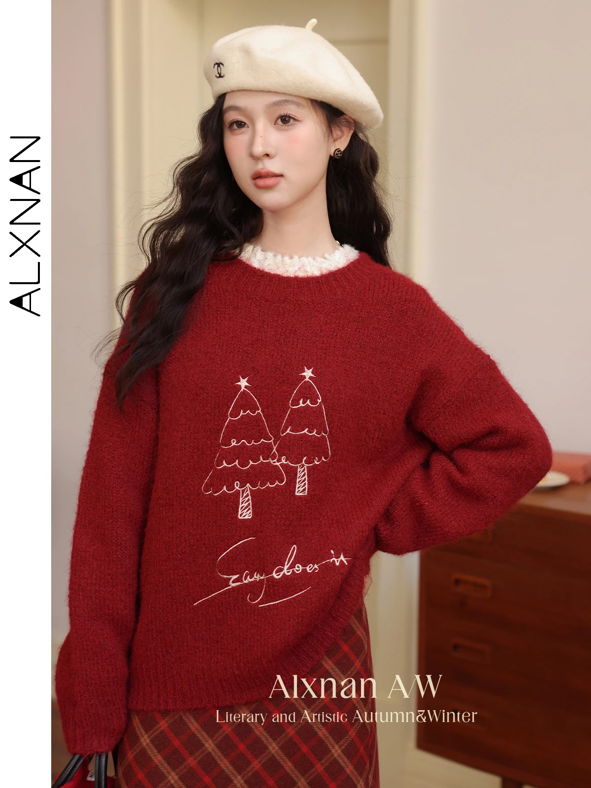 

ALXNAN Women Red Warm Sweaters Gentle O-neck Christmas Tree Letter Embroidery Long Sleeve Jumper Winter Holiday Knit Tops L52583