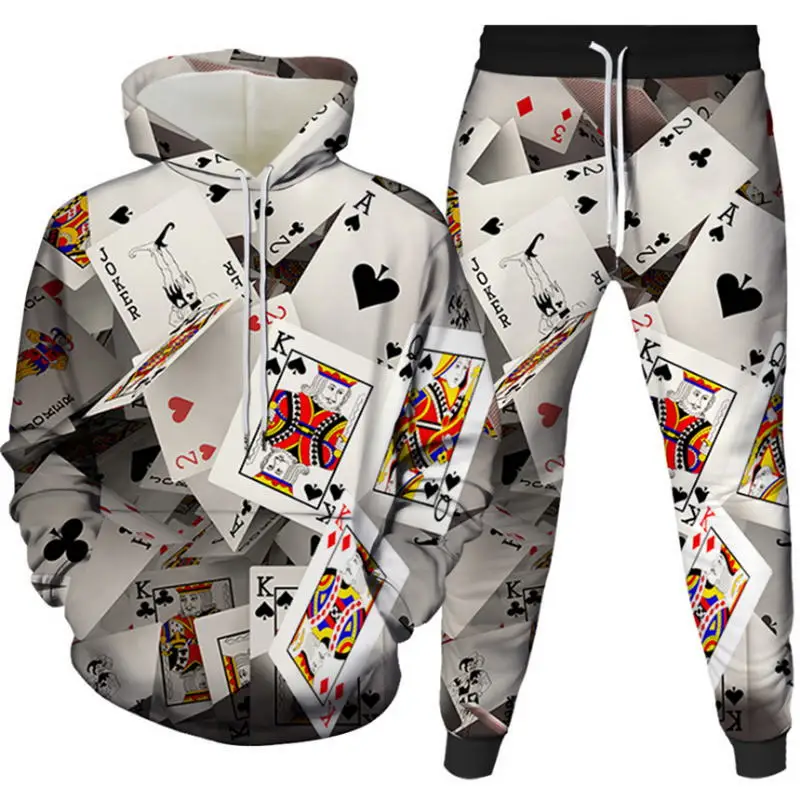 Novo conjunto de hoodie masculino poker & dinheiro imprimir agasalho moda outfit casual elegante manga longa terno confortável roupas com chapéu