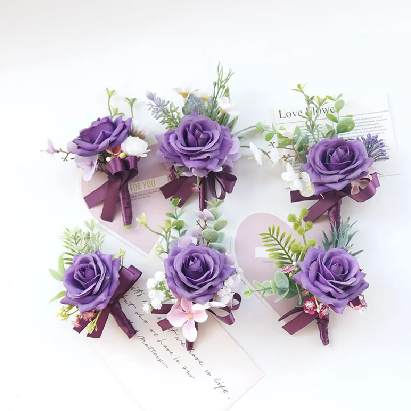 Boutonniere e corpetto da polso forniture per matrimoni ospiti per banchetti fiori simulati fiori per la mano dello sposo e della sposa viola