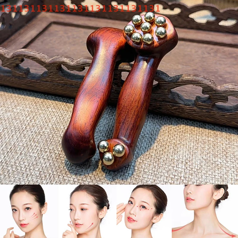 

Facial Fascia Lifting Tool with 11 Brass Gold Beads Sandalwood Cheek & Eye Massage Relaxation Tool Double Ended Gua Sha Stick
