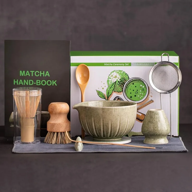 

Matcha Whisk Set, 15 OZ Matcha Bowl, Matcha Whisk and Stand, Scoop, Spoon, Sifter, Coaster, Cleaning Brush and Tea Towe