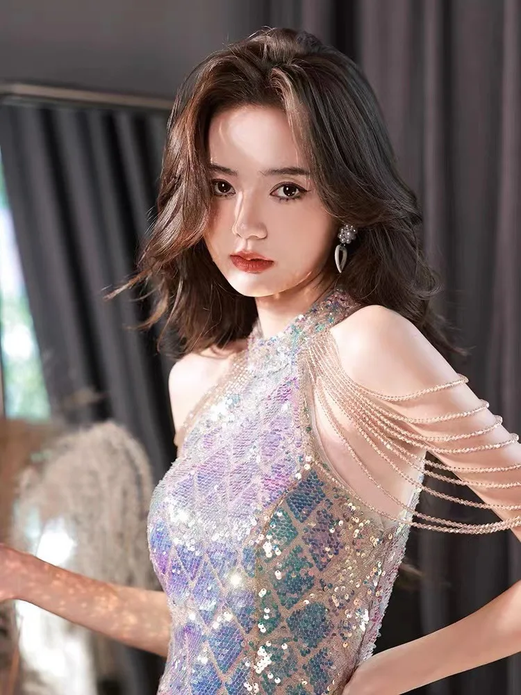 Shiny Sequin Mermaid Birthday Party Gowns Hanging Neck Off Shoulder Beading Tassels Sleeveless Tulle Bow Court Formal Vestidos