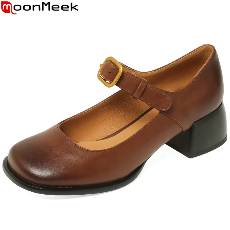 

MoonMeek 2023 New Vintage Mary Janes Dress Shoes Buckle Genuine Leather Single Shoes Ladies Thick Med Heels Pumps