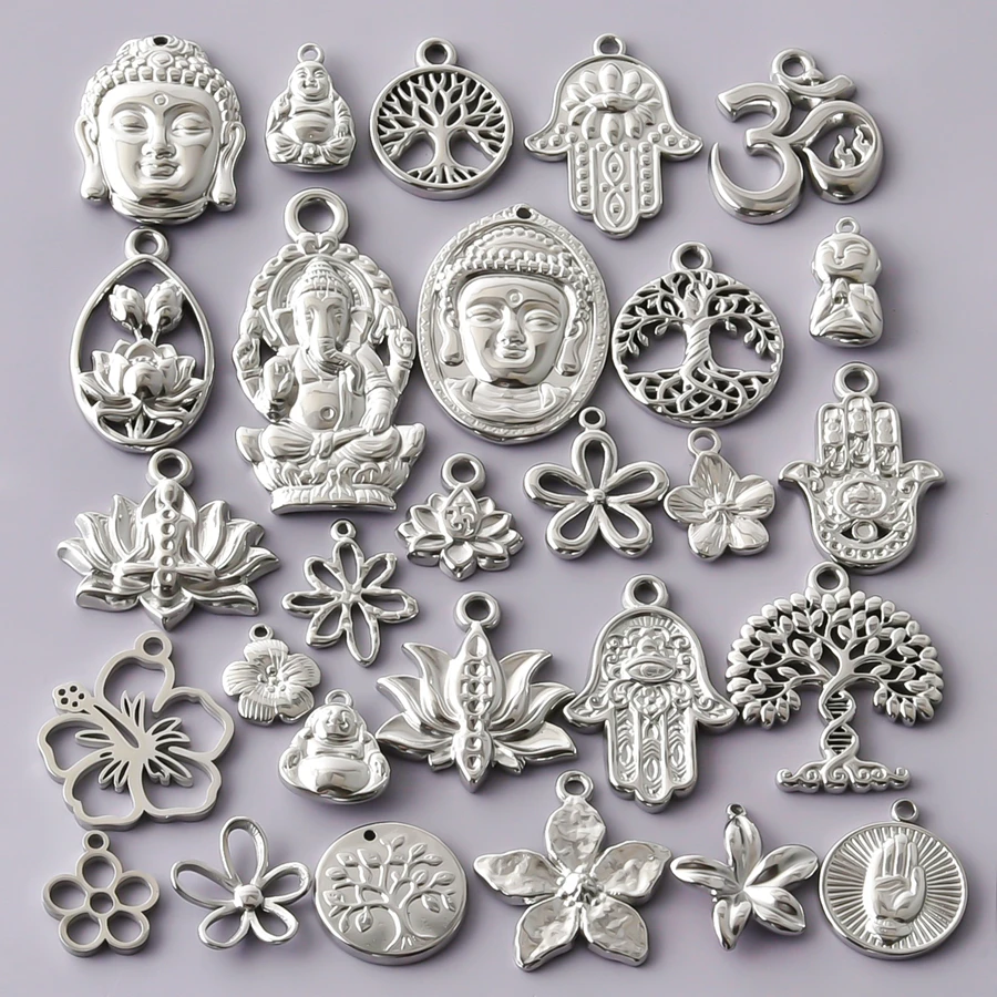 Ethnische Buddha-Kopf- und Fatima-Hand-Anhänger, Blumenbaum-Metall-Edelstahl-Charms für die Schmuckherstellung, Armbänder, Schlüsselanhänger, DIY-Anhänger – Detail 3