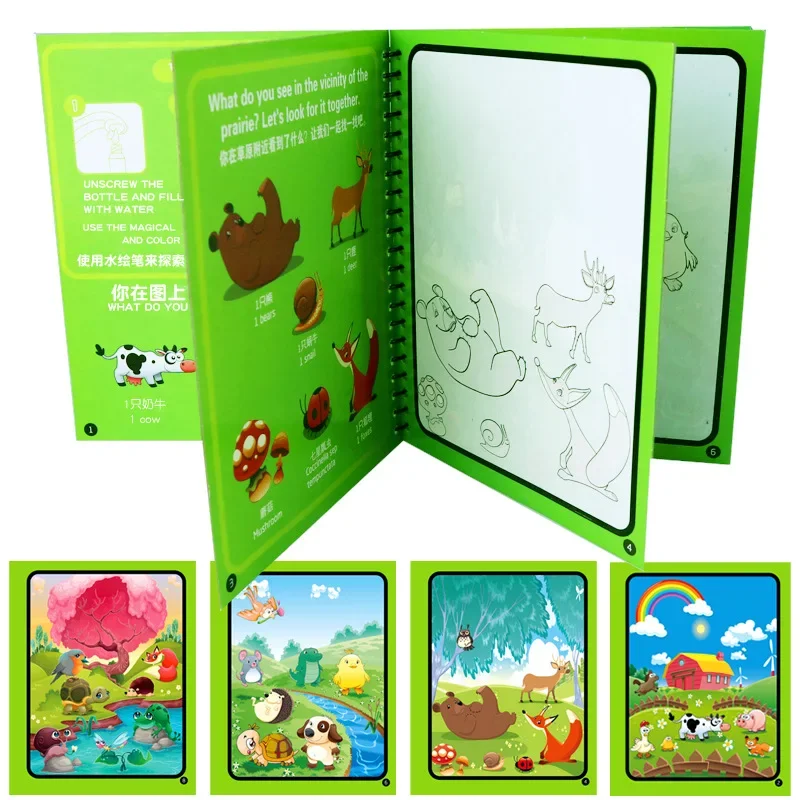 Livre de coloriage à l'eau réutilisable pour enfants, livre de dessin magique pour tout-petits, livre de peinture Montessori dos, jouets d'apprentissage pour enfants