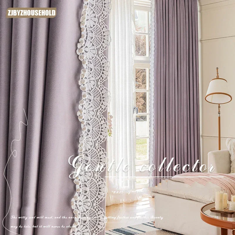 

Luxury Elegant Modern Shading Curtains for Living Dining Room Bedroom Australian Cashmere Purple Pearl and Lace customied