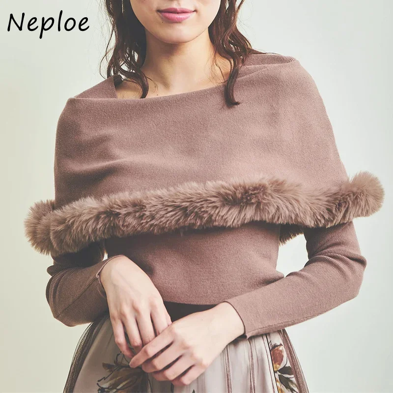 

Neploe 2024 Winter New Women Jumpers Japanese Temperament Commuter Pullover Fur Shawl Long Sleeved Slim solid Knit Sweater