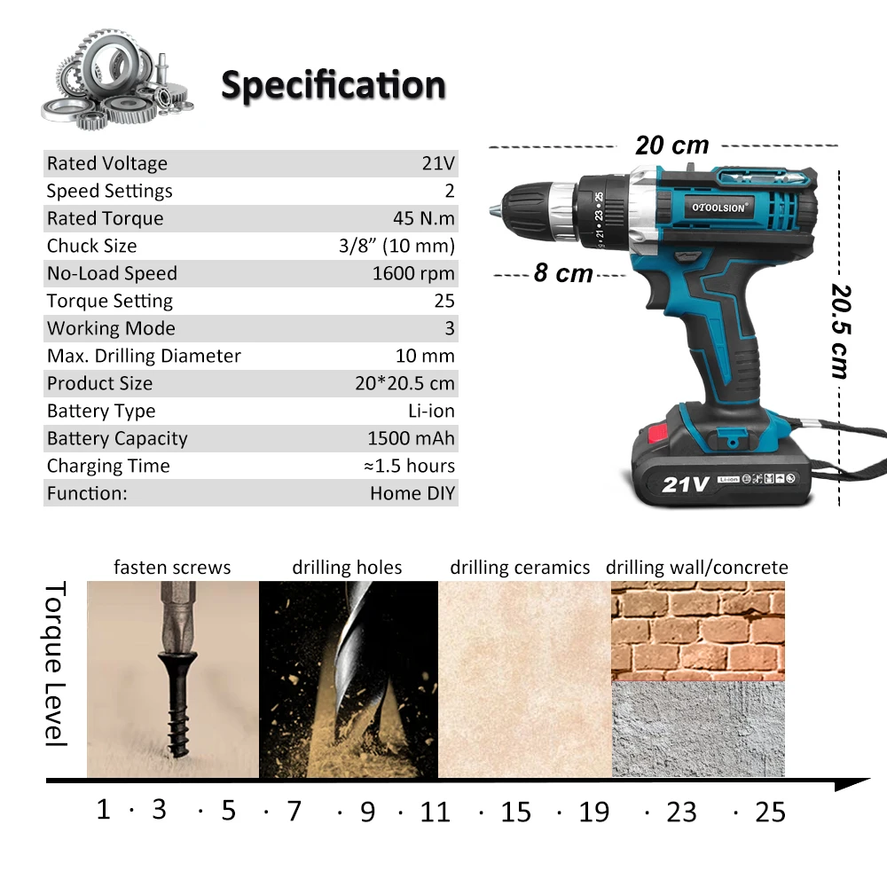 21V Impact Cordless Screwdriver 1600rpm High Speed Drills Rechargeable Battery Drill Household Drill Power Tools With Drill Bits