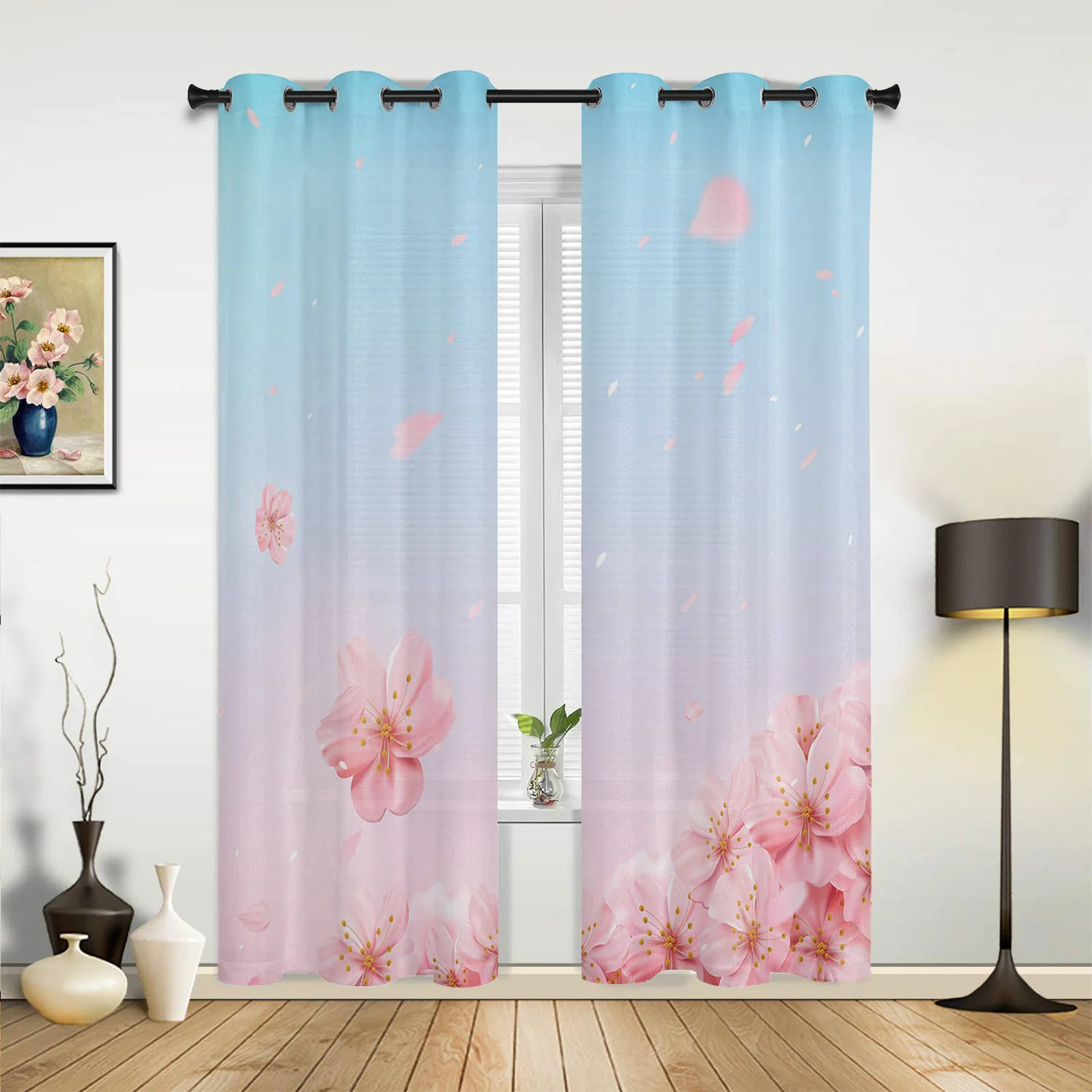 Cherry Blossom Gradient Flower  Window Curtains for Living Room Bedroom Kitchen Window Treatments Valance Home Decor Drapes